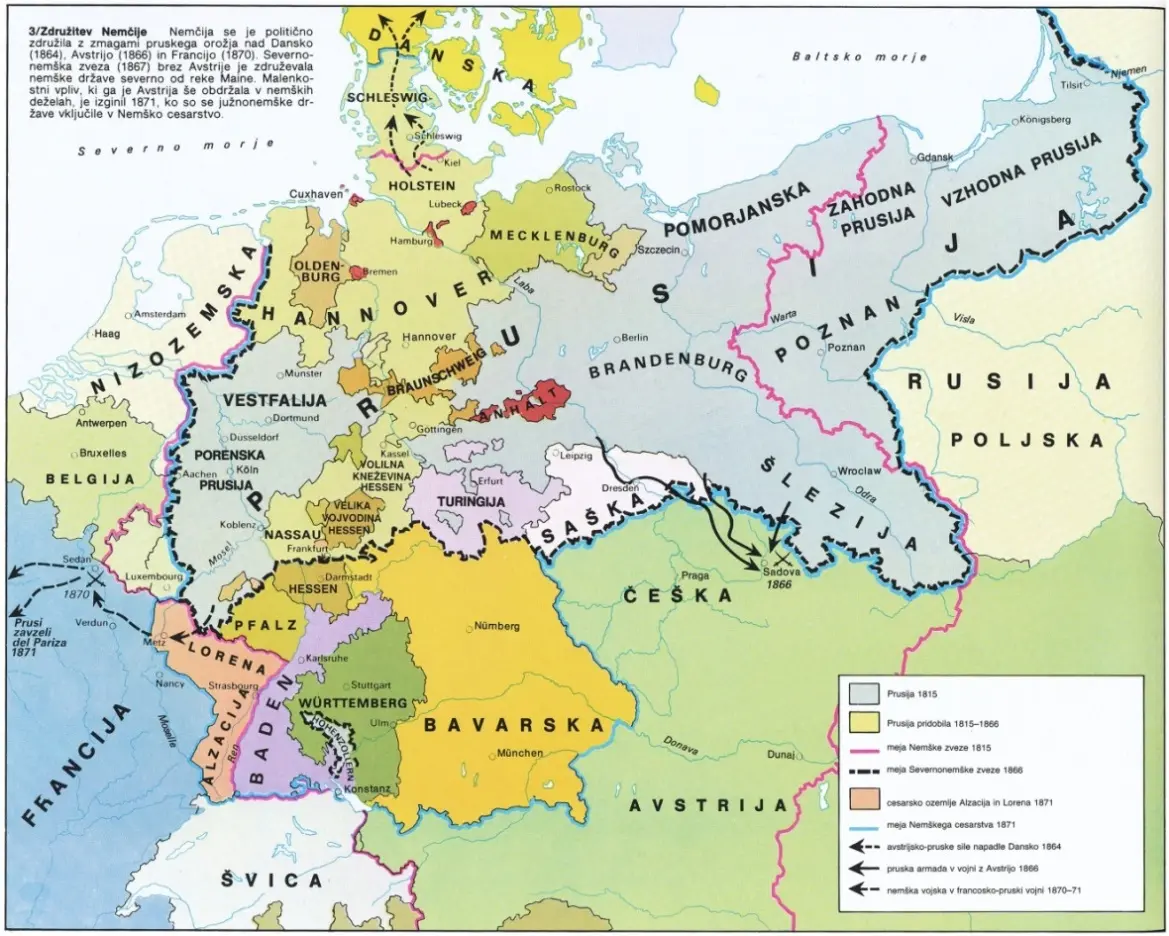 Slika 7: Združitev Nemčije (Vir: The Times, Atlas svetovne zgodovine, str. 216. Cankarjeva založba in DZS. Ljubljana, 1989)