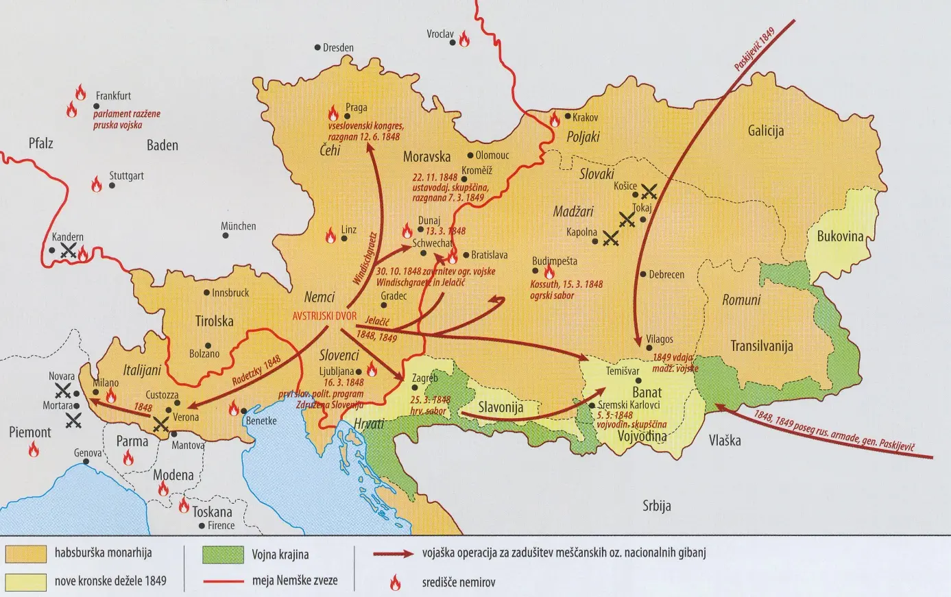 Slika 4: Marčna revolucija na območju Avstrijskega cesarstva (Vir: Brodnik, V., in drugi, 2020: Zgodovina 3, str. 56. Mladinska knjiga. Ljubljana)
