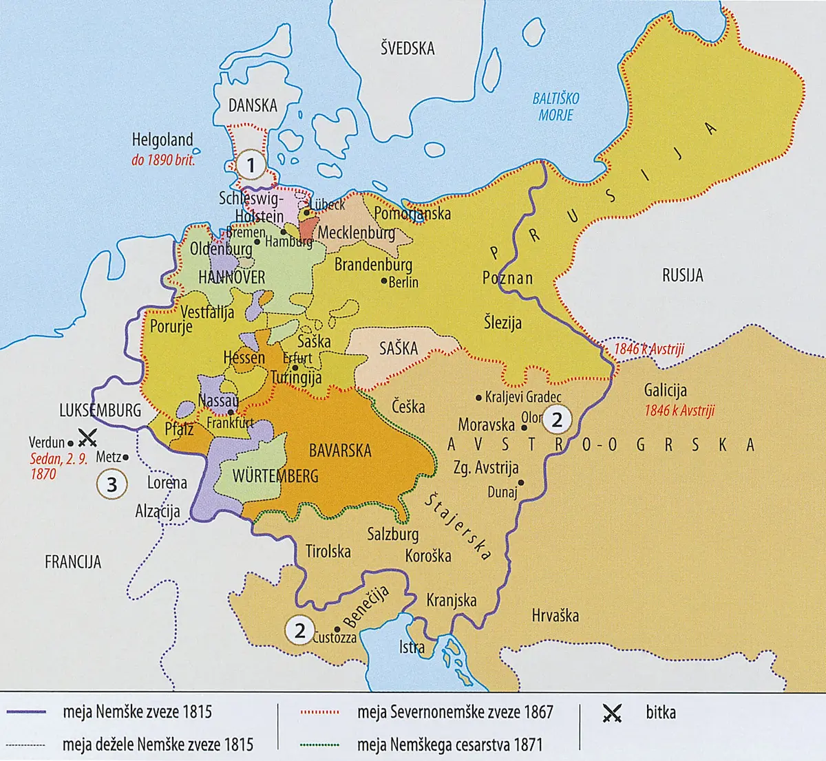 Slika 5: Združevanje nemškega ozemlja med letoma 1815 in 1871 (Vir: Brodnik, V., in drugi, 2020: Zgodovina 3, str. 72. Mladinska knjiga. Ljubljana)