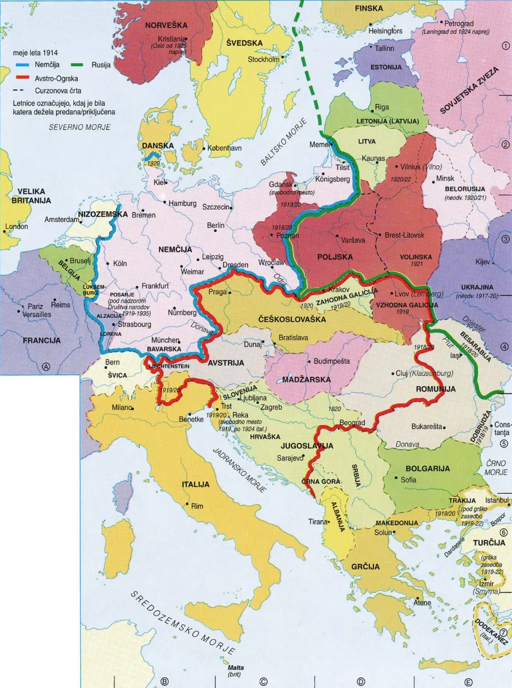 Slika 6: Srednja in Vzhodna Evropa po koncu prve svetovne vojne (Vir: Zgodovinski atlas sveta od prazgodovine do danes, str. 71. Mladinska knjiga. Ljubljana, 1995)