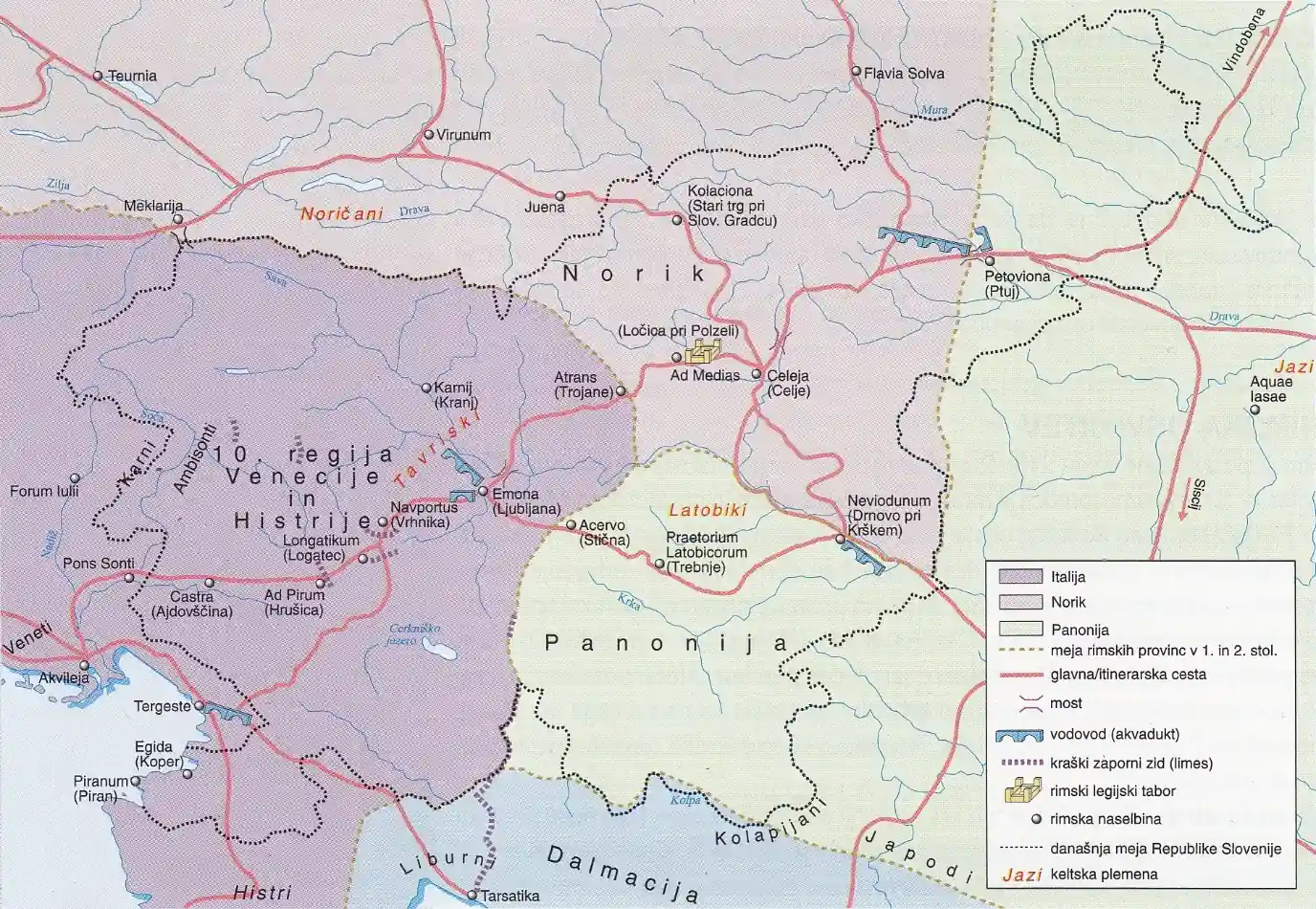 Slika 5: Naši kraji pod Rimljani (Vir: Brodnik, V., in drugi, 2010: Zgodovina 1, str. 156. DZS. Ljubljana)