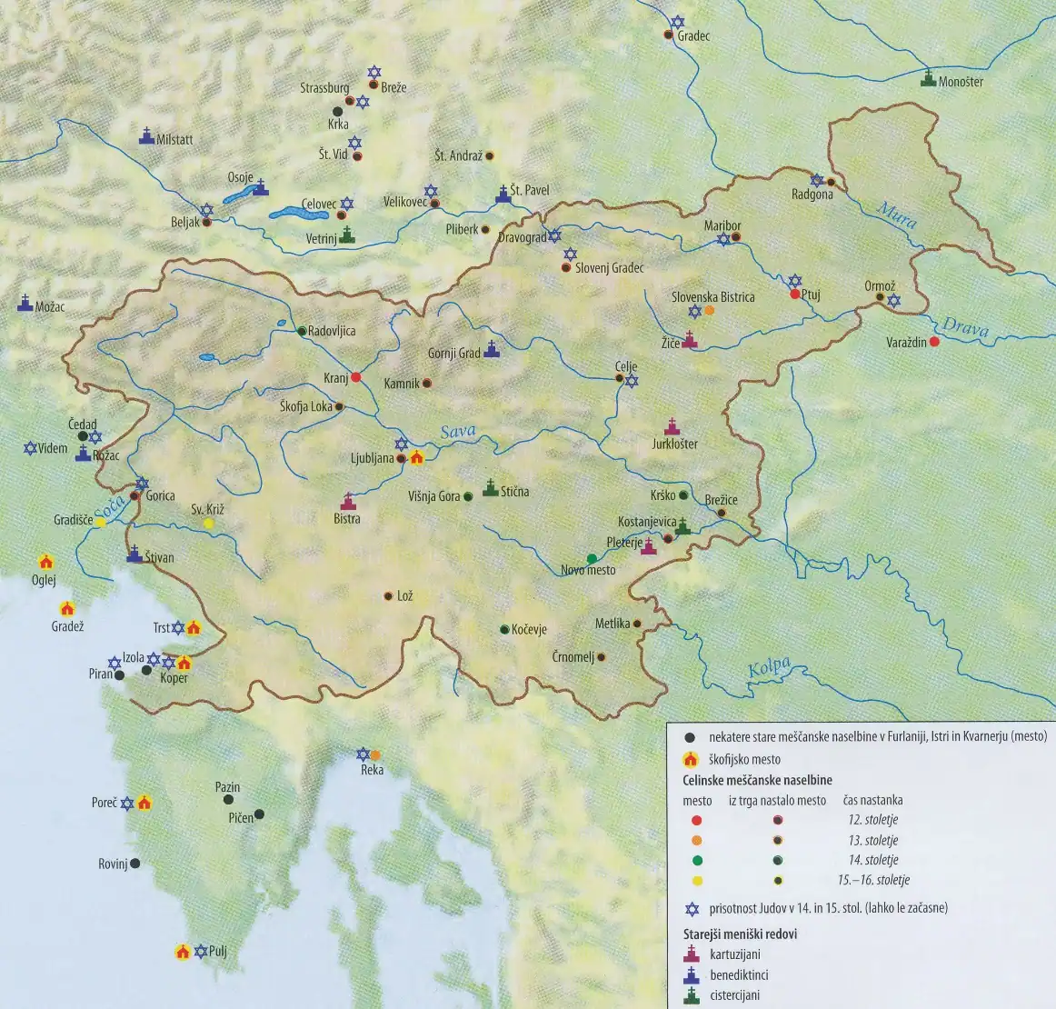 Slika 6: Zemljevid mestnih naselbin v srednjem veku (Vir: Frantar, Š., in drugi, 2019: Zgodovina 2, str. 171. Mladinska knjiga. Ljubljana)