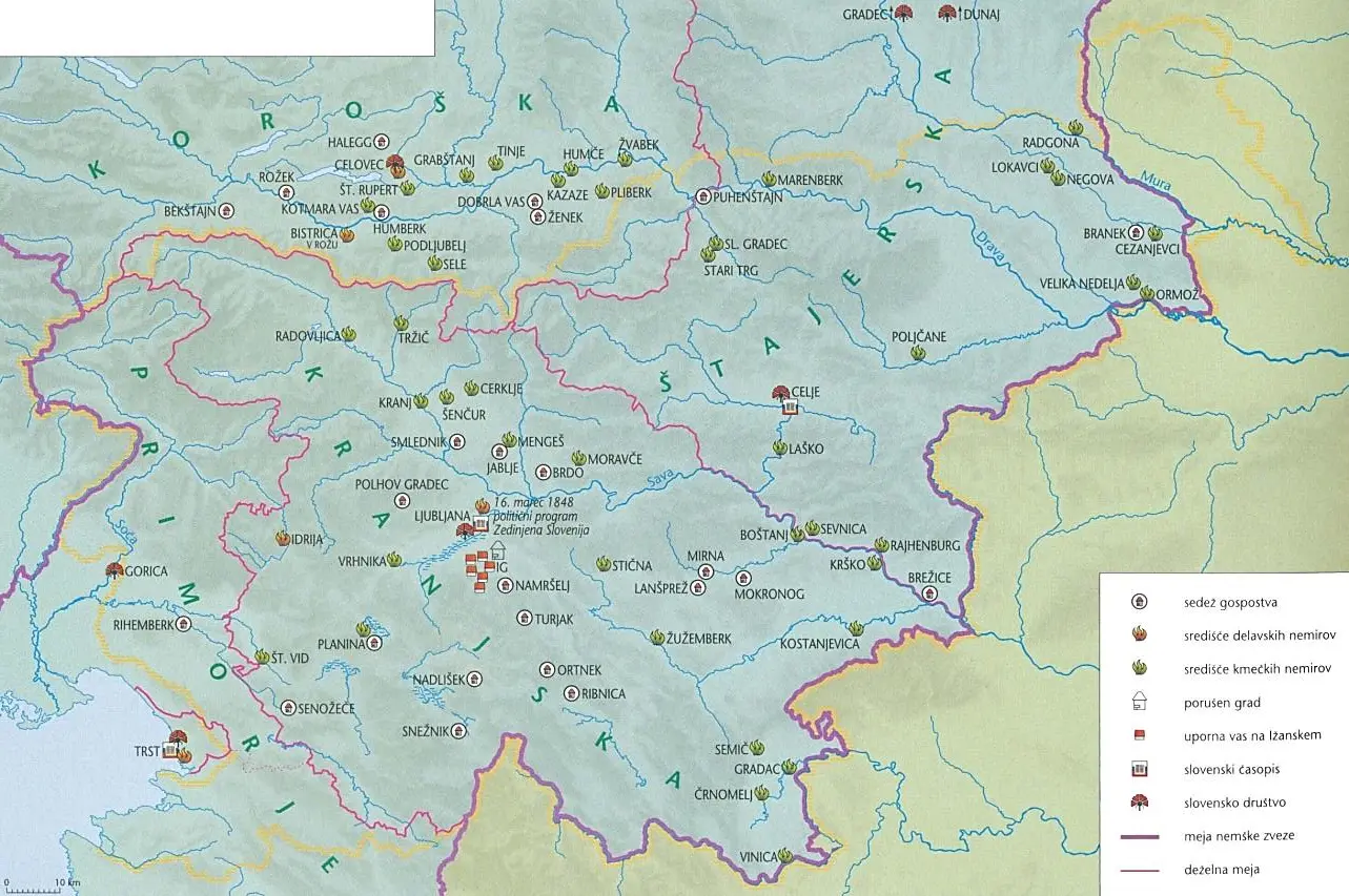 Slika 10: Leto 1848 na slovenskem ozemlju (Vir: Slovenski zgodovinski atlas, str. 146. Nova revija. Ljubljana, 2011)