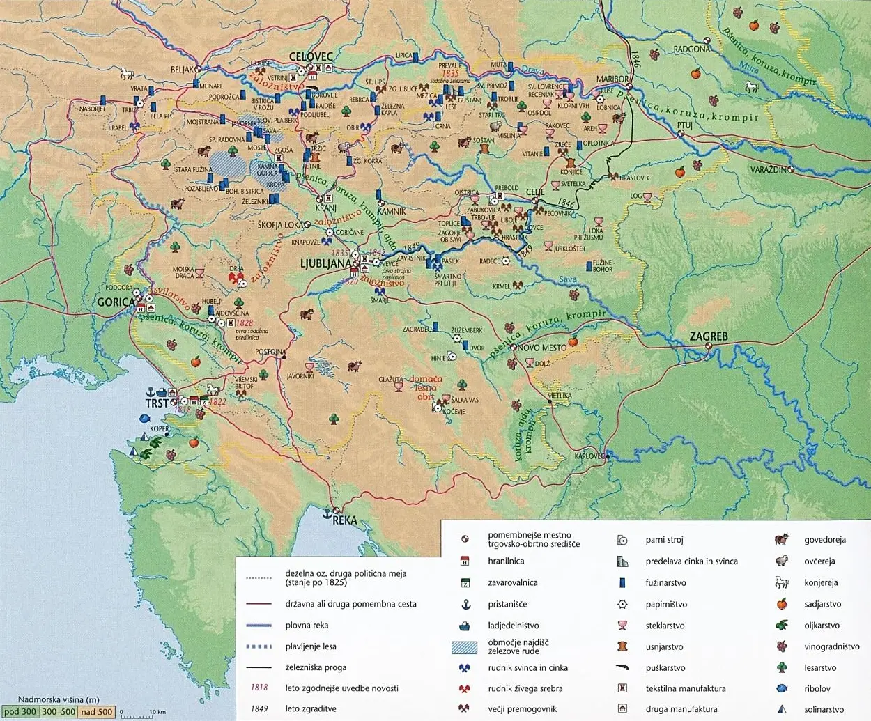 Slika 3: Gospodarstvo v prvi polovici 19. stoletja (Vir: Slovenski zgodovinski atlas, str. 132. Nova revija. Ljubljana, 2011)