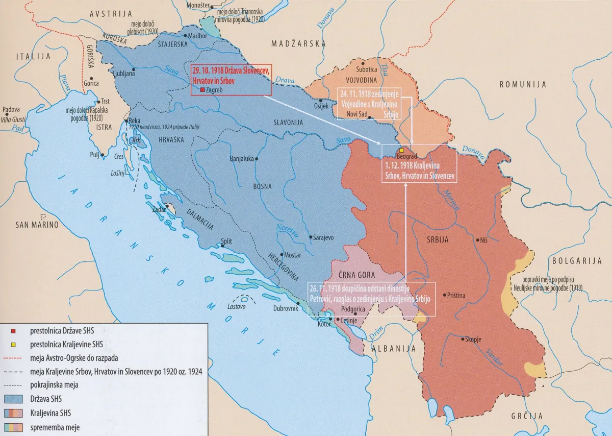 Slika 4: Nastanek Kraljevine SHS (Vir: Režek, M., in drugi, 2021: Zgodovina 4, str. 161. Mladinska knjiga. Ljubljana)