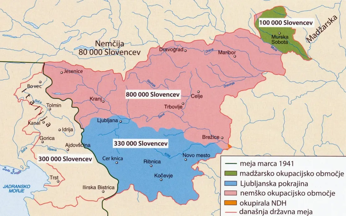 Slika 6: Okupacija slovenskega ozemlja (Vir: Gabrič, A., Režek, M., 2011: Zgodovina 4, str. 166. DZS. Ljubljana)