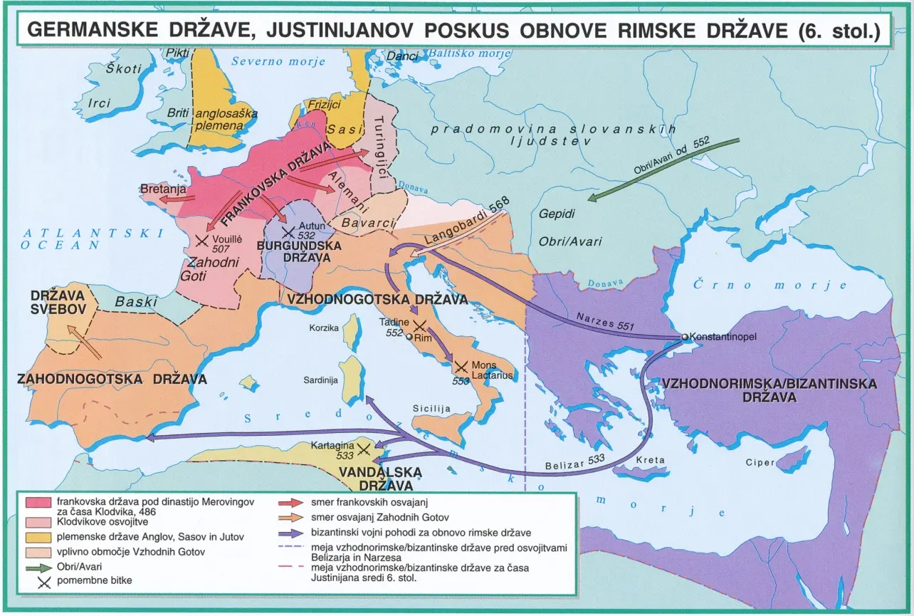 Slika 6: Germanske države, Justinijanov poskus obnove rimske države (6. stol.) (Vir: Zgodovinski atlas za osnovno šolo, str. 12. DZS. Ljubljana, 1999)