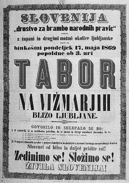 Slika 2: Tabor na Vižmarjih (Vir: https://commons.wikimedia.org/wiki/File:Plakat\_za\_ tabor_na_Vi%C5%BEmarjih_dne_17._maja_1869.jpg)