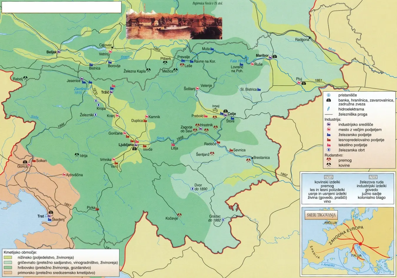 Slika 5: Gospodarstvo na Slovenskem v letih 1850–1918 (Vir: Mali zgodovinski atlas, str. 57. Modrijan. Ljubljana, 1999)
