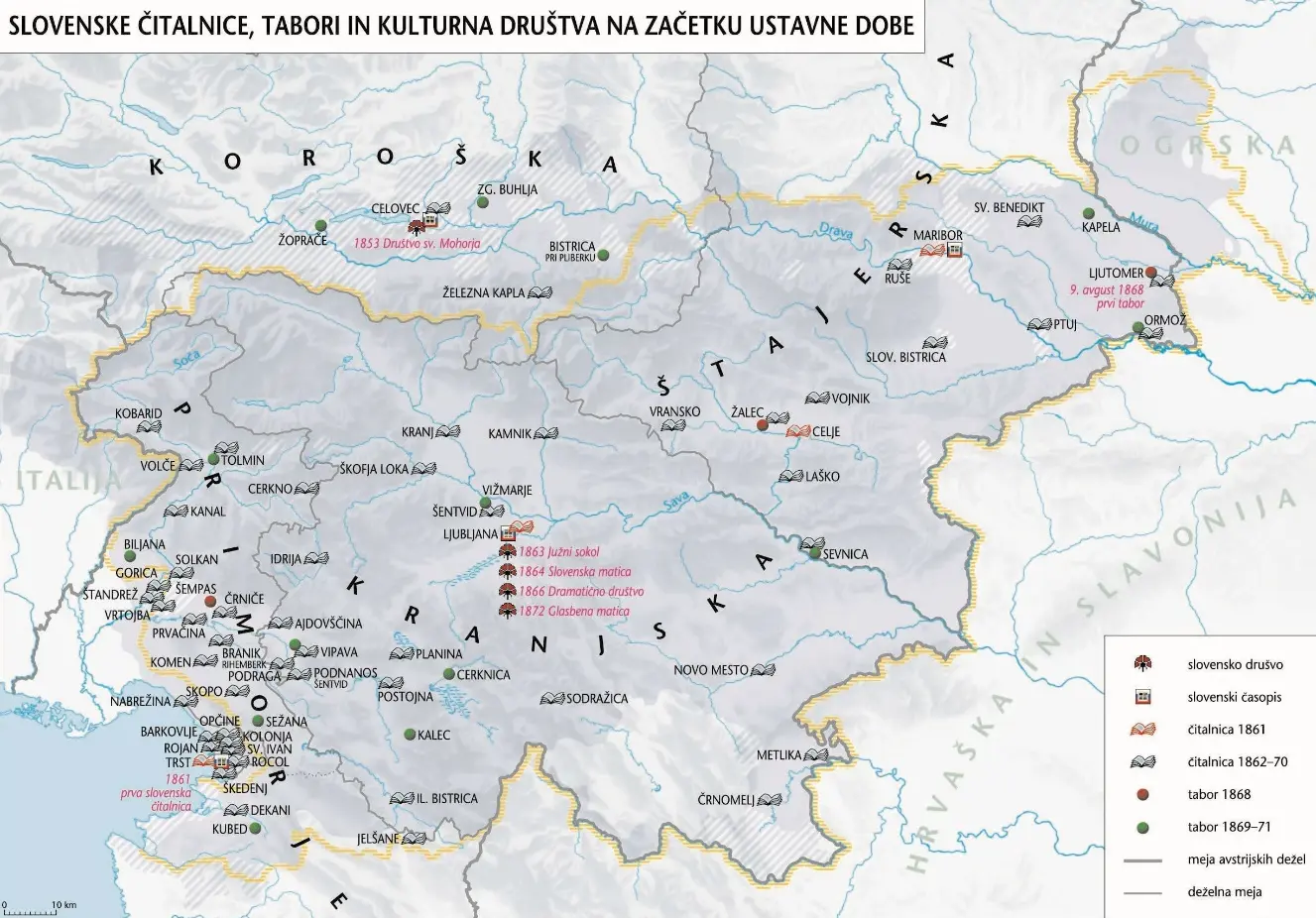 Slika 6: Slovenske čitalnice, tabori in kulturna društva na začetku ustavne dobe (Vir: Slovenski zgodovinski atlas, str. 150. Nova revija. Ljubljana, 2011)