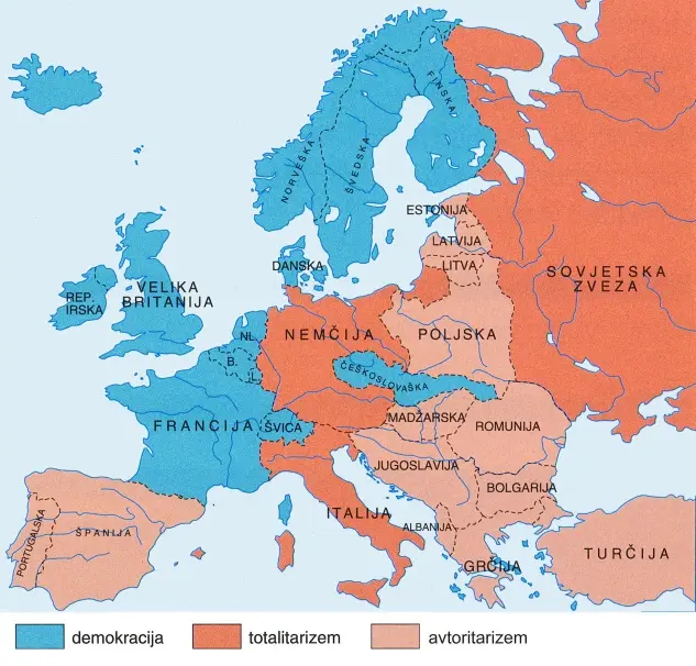 Slika 9: Politični sistemi v Evropi tik pred drugo svetovno vojno (B) (Vir: Gabrič, A., Režek, M., 2011: Zgodovina 4, str. 38. DZS. Ljubljana)