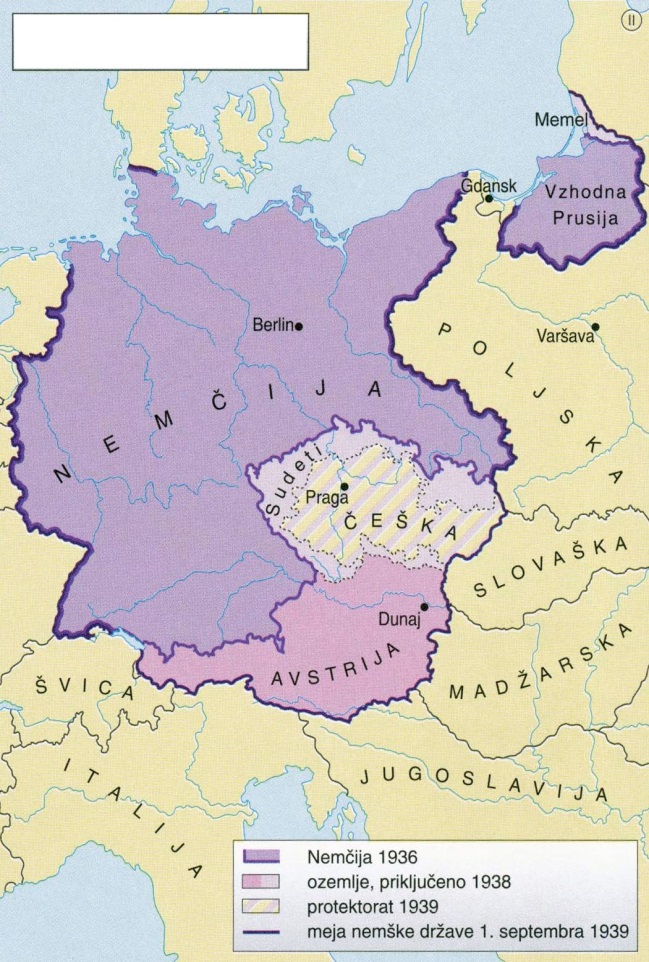 Slika 11: Nemčija v letih 1936–1939 (Vir: Mali zgodovinski atlas, str. 69. Modrijan. Ljubljana, 2010)