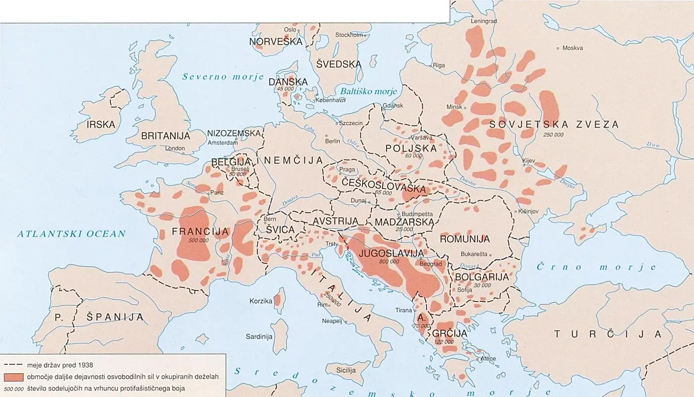 Slika 12: Oborožen odpor v zasedenih evropskih deželah v letih 1940–1945 (Vir: Šolski zgodovinski atlas, str. 49. DZS. Ljubljana, 2009)