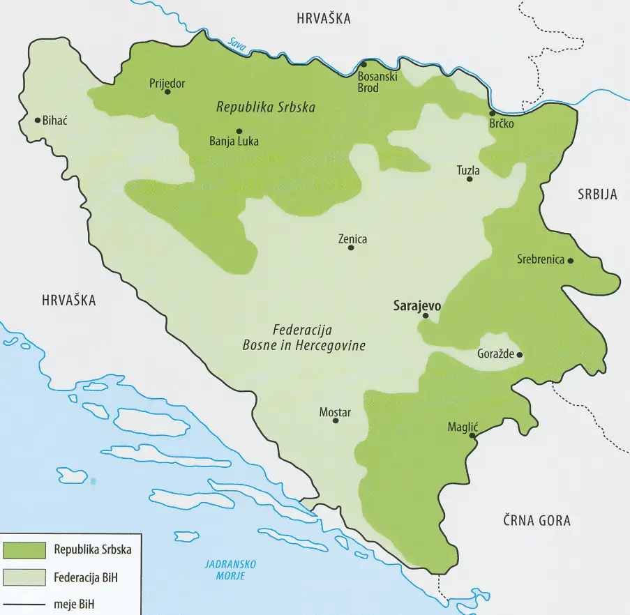 Slika 16: Bosna in Hercegovina po Daytonskem sporazumu (Vir: Režek, M., in drugi, 2021: Zgodovina 4, str. 149. Mladinska knjiga. Ljubljana)