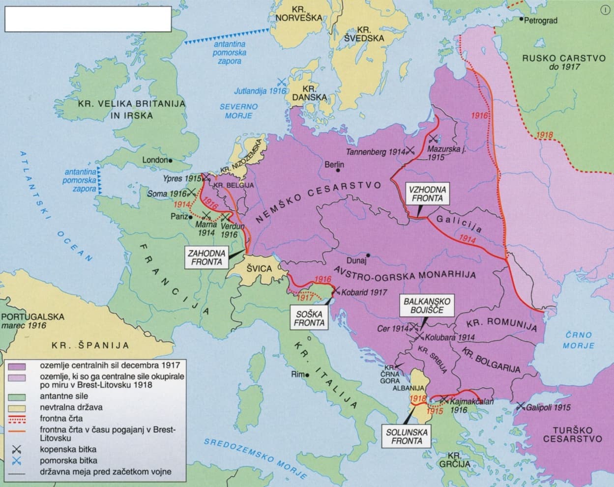 Slika 8: Evropa v prvi svetovni vojni (Vir: Mali zgodovinski atlas, str. 59. Modrijan. Ljubljana, 2013)