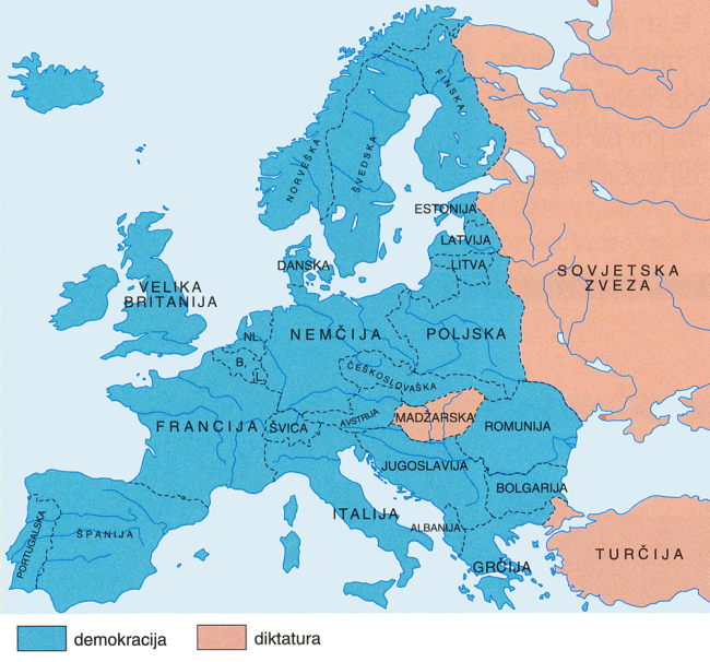 Slika 9: Politični sistemi v Evropi po prvi svetovni vojni (Vir: Gabrič, A., Režek, M., 2011: Zgodovina 4, str. 38. DZS. Ljubljana)