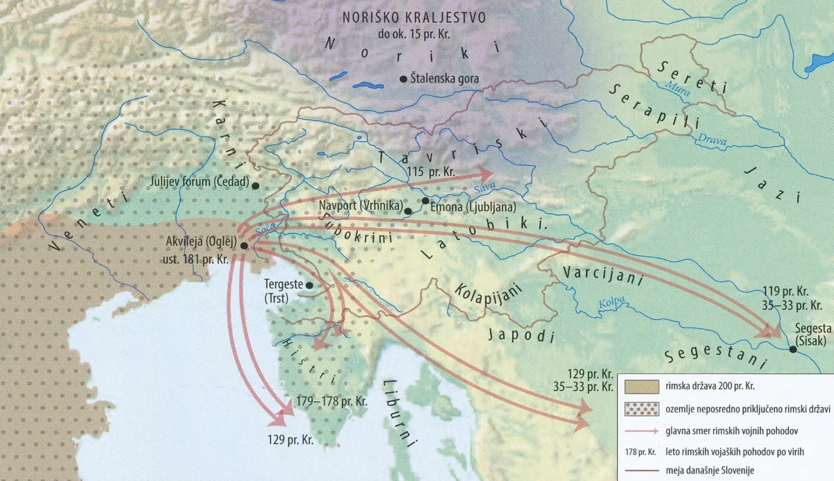 Slika 3: Rimsko osvajanje današnjega slovenskega ozemlja (Vir: Cedilnik, A., in drugi, 2019: Zgodovina 1, str. 193. Mladinska knjiga. Ljubljana)