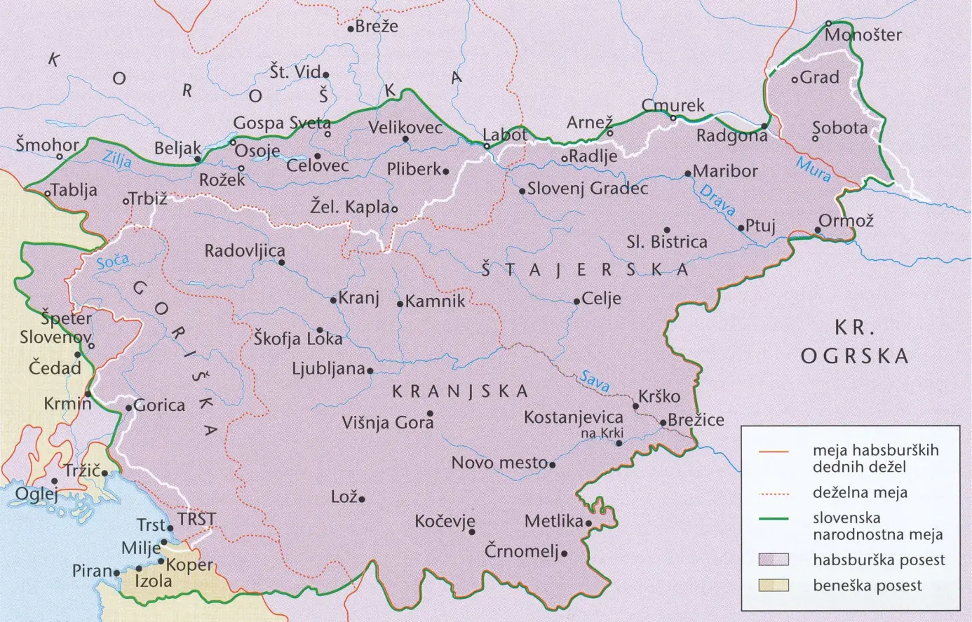 Slika 5: Slovenske zgodovinske dežele (Vir: Berzelak, S., 2002: Zgodovina 2, str. 195. Modrijan. Ljubljana)
