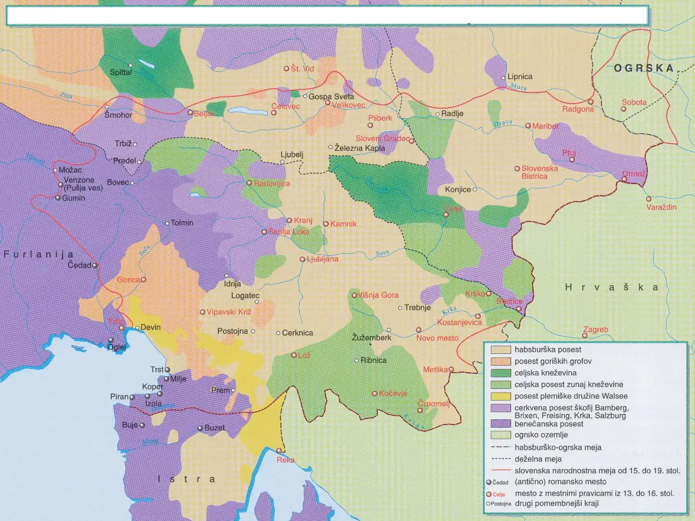 Slika 7: Fevdalna posest na Slovenskem sredi 15. stoletja (Vir: Zgodovinski atlas za osnovno šolo, str. 18. DZS. Ljubljana, 1999)