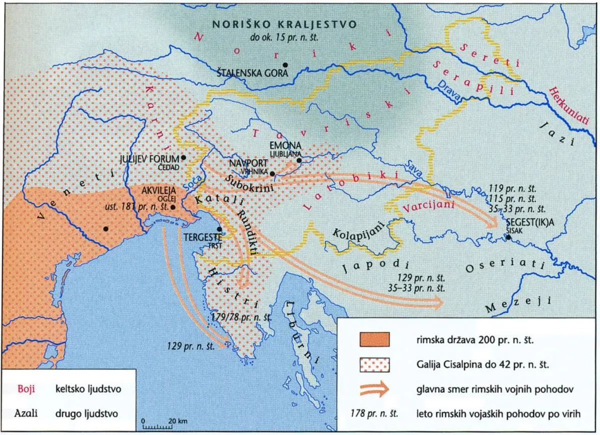 Slika 5: Rimsko osvajanje slovenskega ozemlja v 2. in 1. stoletju pr. n. št. (Vir: Slovenski zgodovinski atlas, str. 23. Nova revija. Ljubljana, 2011)