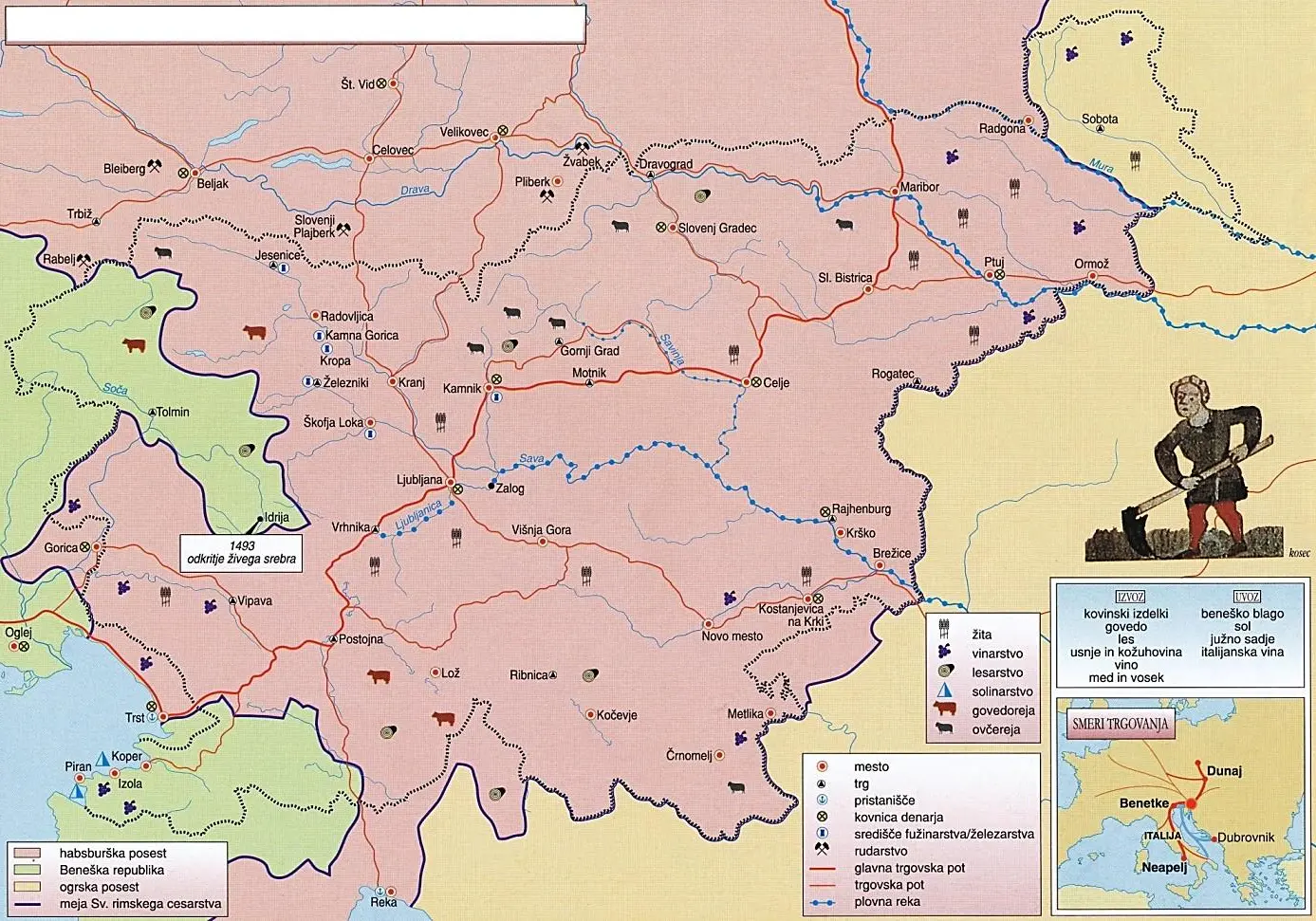 Slika 8: Gospodarstvo in trgovina na Slovenskem v poznem srednjem veku (Vir: Mali zgodovinski atlas, str. 32. Modrijan. Ljubljana, 1999)