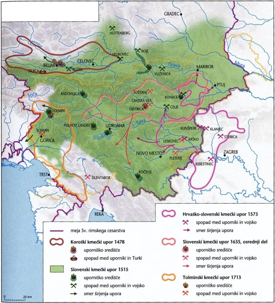 Slika 9: Največji kmečki upori (Vir: Slovenski zgodovinski atlas, str. 113. Nova revija. Ljubljana, 2011)
