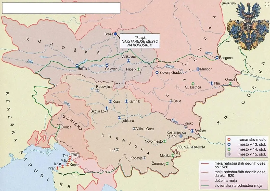 Slika 4: Dežele na Slovenskem na začetku 16. stoletja (Vir: Mali zgodovinski atlas, str. 30. Modrijan. Ljubljana, 1999)