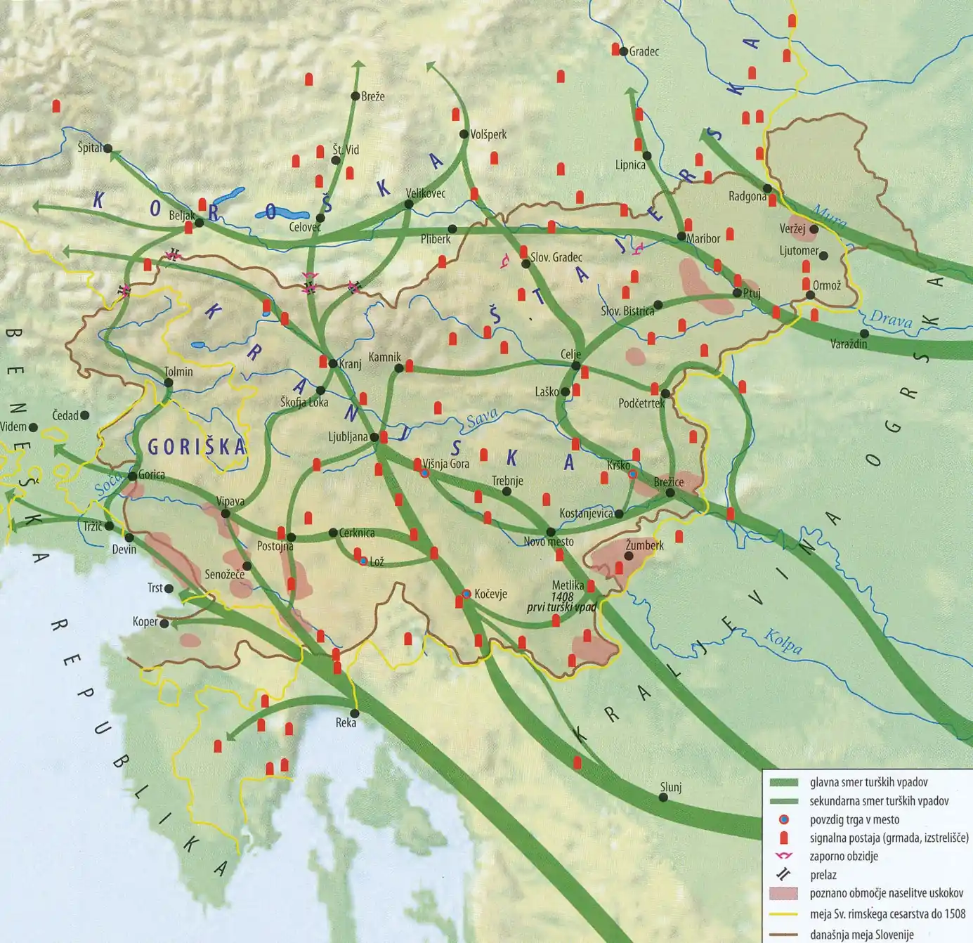 Slika 6: Smeri turških vpadov (Vir: Frantar, Š., in drugi, 2019: Zgodovina 2, str. 183. Mladinska knjiga. Ljubljana)