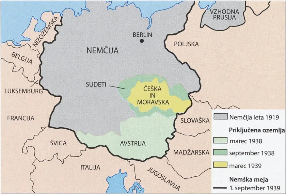 Slika 8: Nemške osvojitve pred začetkom druge svetovne vojne (Vir: Gabrič, A., Režek, M., 2011: Zgodovina 4, str. 47. DZS. Ljubljana)